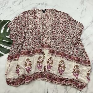 Angie Womens Kimono Cover Up Top Size L Pink White Floral Open Front Boho